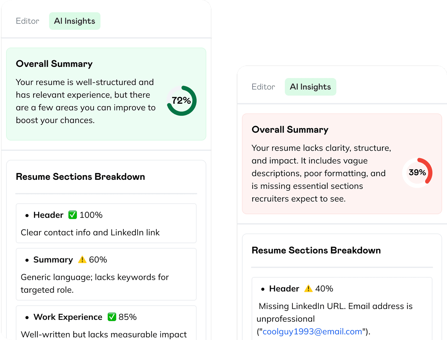 AI resume analysis panels