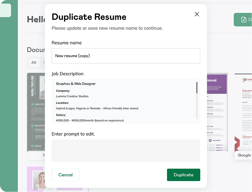 Duplicate resume modal